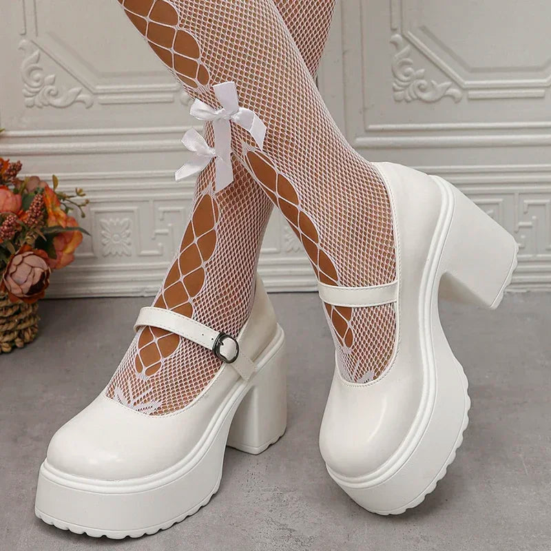 Cyflymder  White Platform High Heels Pumps Women Patent Leather Chunky Heeled Mary Jane Shoes Woman Round Toe Buckle Strap Student Shoes