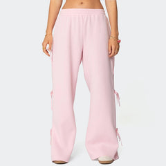 Cyflymder  Women Loose Fit Sweatpants Preppy Cute Side Bow Tie Up Trousers Casual High Waist Wide Leg Pants Lounge Bottoms
