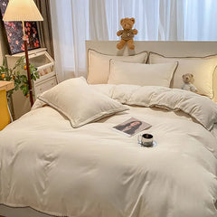 Cyflymder  Solid Color Bedding Set with Shell Edges Skin Friendly Simple Soft Duvet Cover Kit Cozy Fitted Sheet Set for Autumn Winter