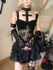 Cyflymder  New Gothic Lace Hollow Women 2 Piece Sets Punk Sling Neck Y2k Tops + Design Black Cake Skirt Fashion Sweet Retro Outfits Summer