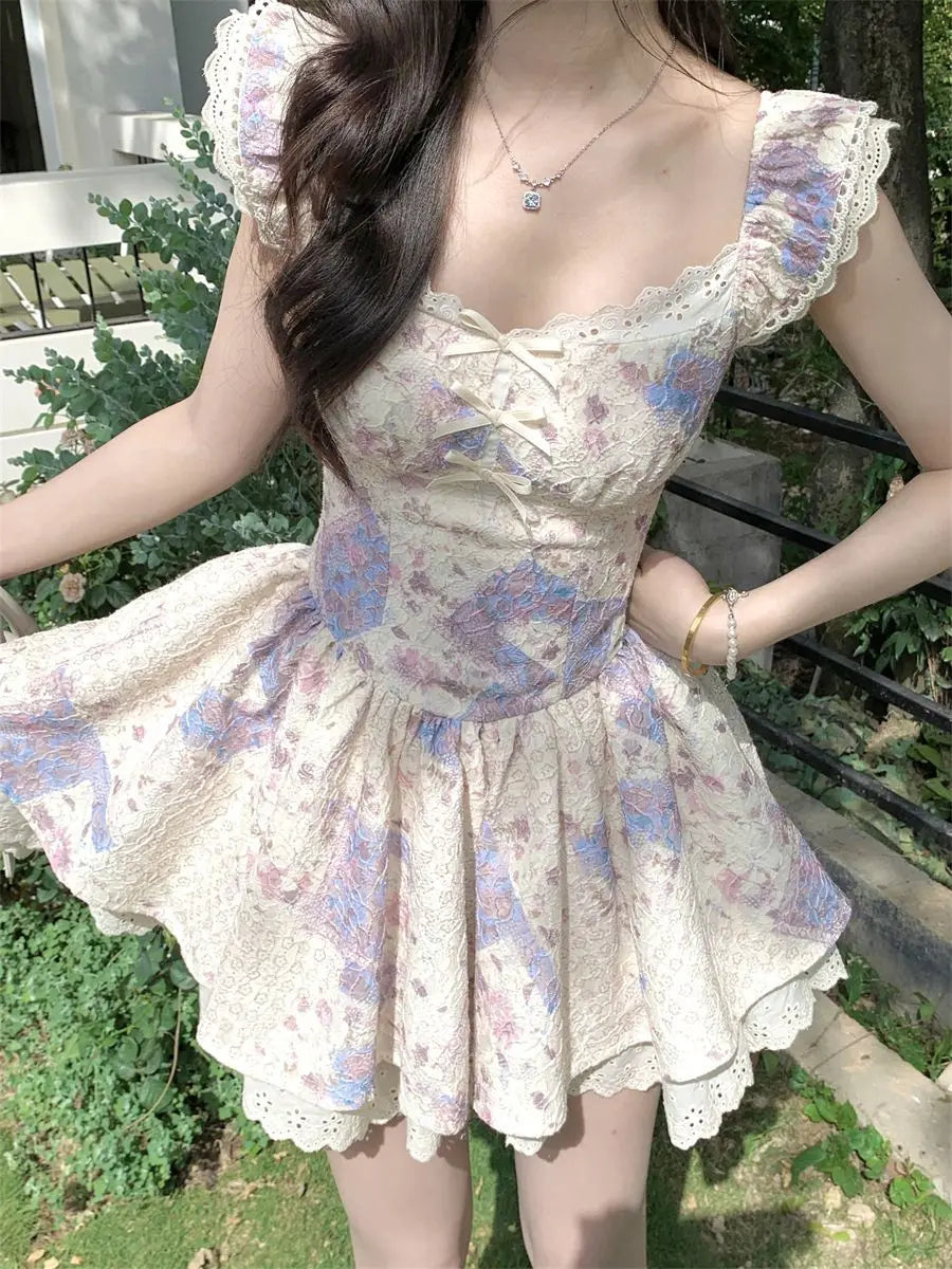 Cyflymder  New French Flutter Sleeve Dress Women Lace Trim Flared Skirt Sweet Cute Mini Length Slimming A Line Silhouette Princess Party