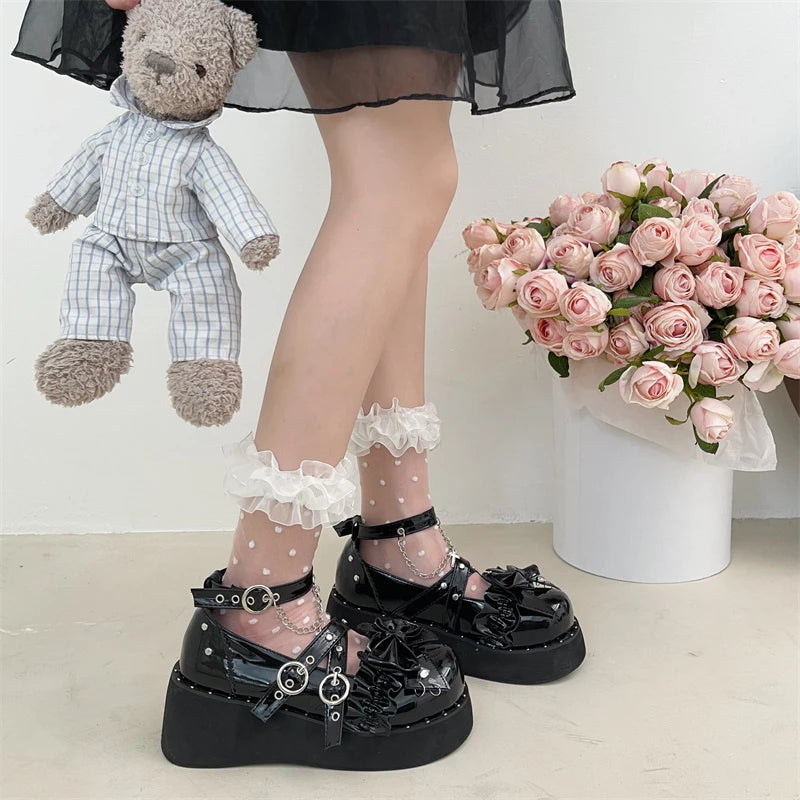 Cyflymder Y2K Metal Chains Punk Gothic Shoes Women Black Patent Leather Buckle Strap Wedges Pumps Woman Thick Platform Rivet Lolita Shoes