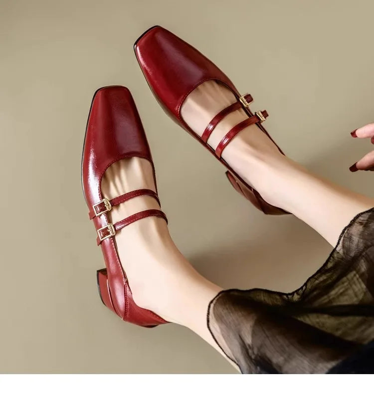 Cyflymder  Women's Mary Jane Shoes 2025 Spring Autumn New Fashion Buckle Strap Luxury Leather Shoes Comfortable Square Toe Party Sexy Pumps