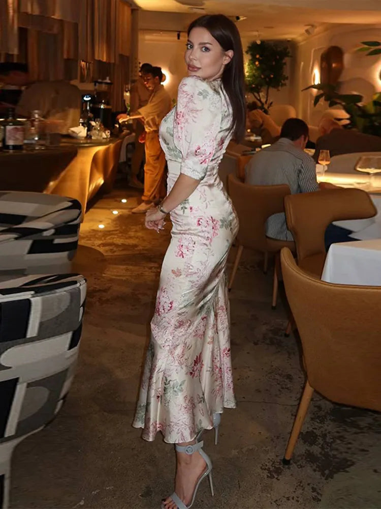Cyflymder  Deep V Short Sleeve Printed Long Dress Women Sexy Waist Cinching Hip Package Party Evening Dresses Fashion Ladies Vestido Longo