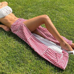 Cyflymder  Fashion Women Summer A-Line Skirt Casual Plaid Print High Split Elastic Waist Skirt for Beach Vacation Club Streetwear