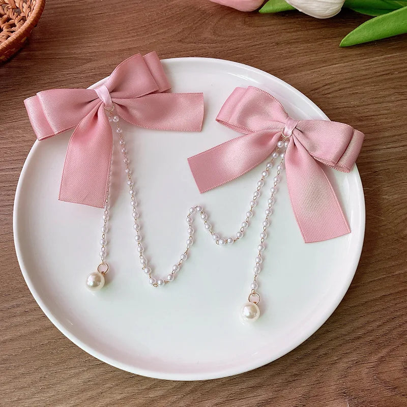 Cyflymder Sweet Princess Style Pink Pearls Chain Bow Hair Clip Women Children's Cute Back Head Hairpins Hair Clips Girls Hair Accessories