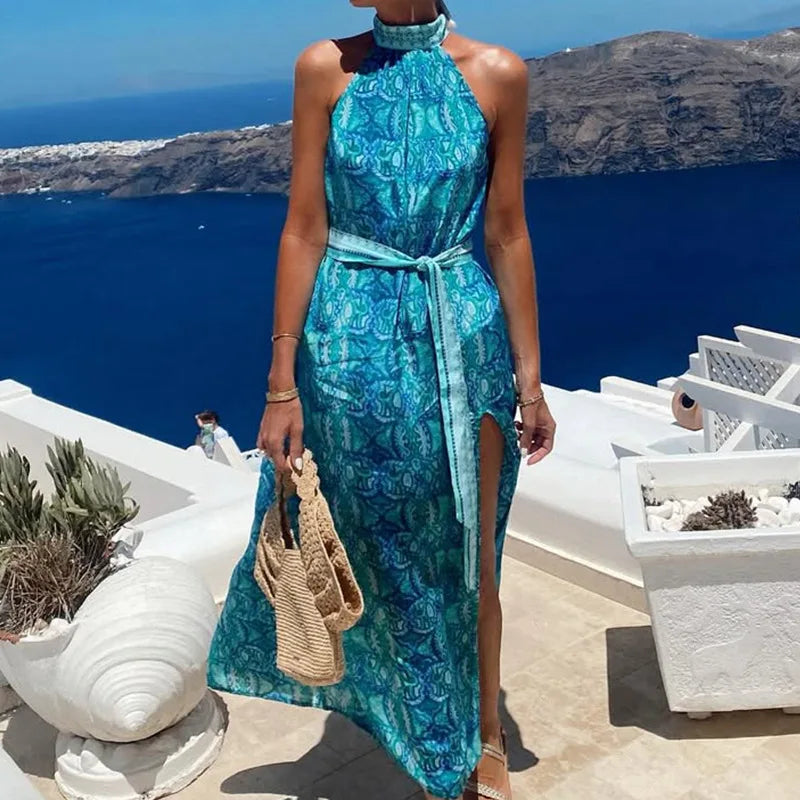 Cyflymder  Sexy Off Shoulder High Waist Party Dress Bohemian Print Beach Vacation Dress Lady Casual Hollow Out Sleeveless Satin Long Dress