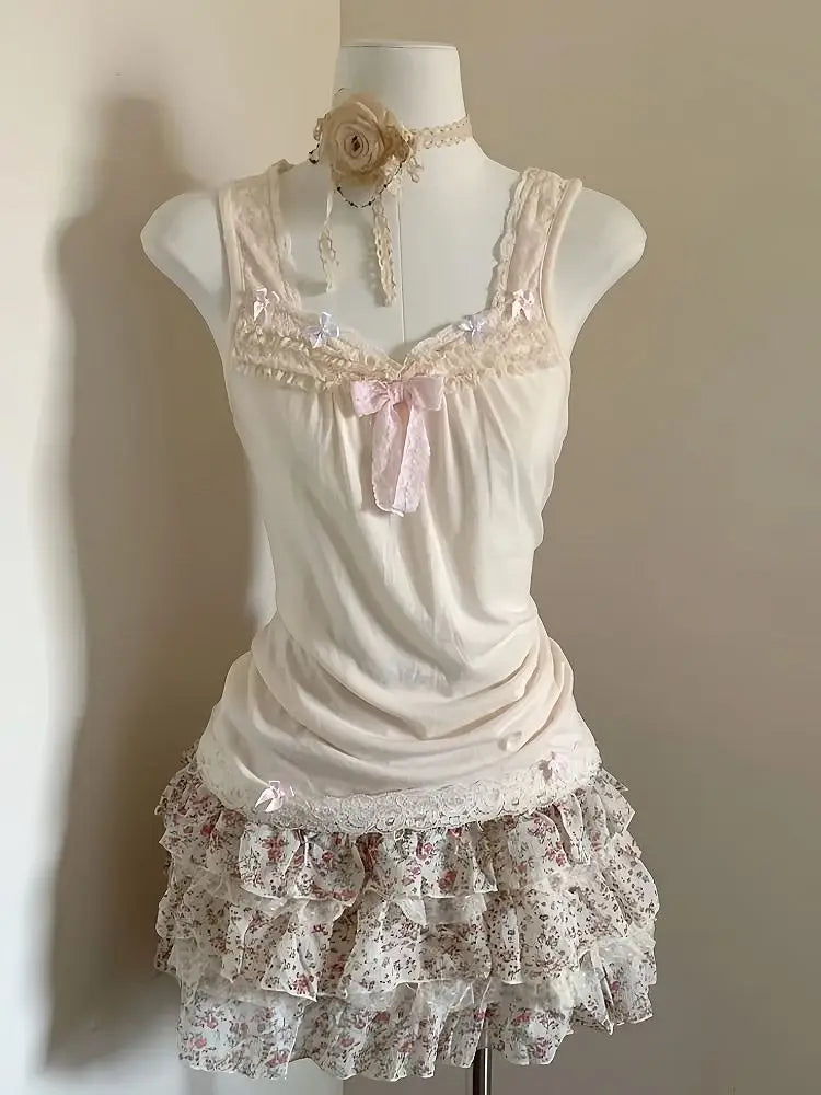 Cyflymder  Harajuku Y2K Lolita 2 Piece Outfits Women Cute Lace Tops and A Line Floral Skirt Sets Japanese Sweet Vintage Party Wear