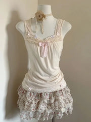 Cyflymder  Harajuku Y2K Lolita 2 Piece Outfits Women Cute Lace Tops and A Line Floral Skirt Sets Japanese Sweet Vintage Party Wear