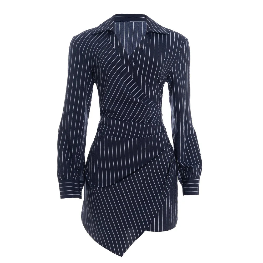 Cyflymder  Chic Blue & White Striped Shirt Dress Women Fashion Turn Down Collar Long Sleeve Pleats Slim Asymmetrical Hem Mini Dress