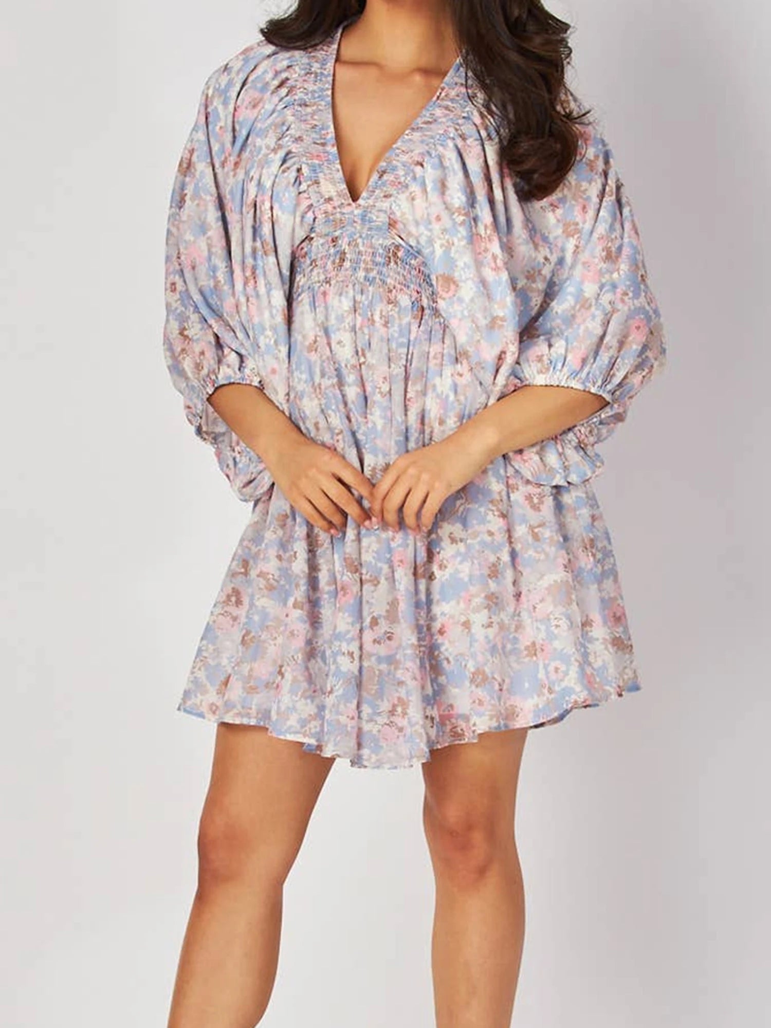 Cyflymder  Elegant Floral Print Midi Dress with Long Sleeves and Deep V Neckline Perfect for Fall Parties and Events
