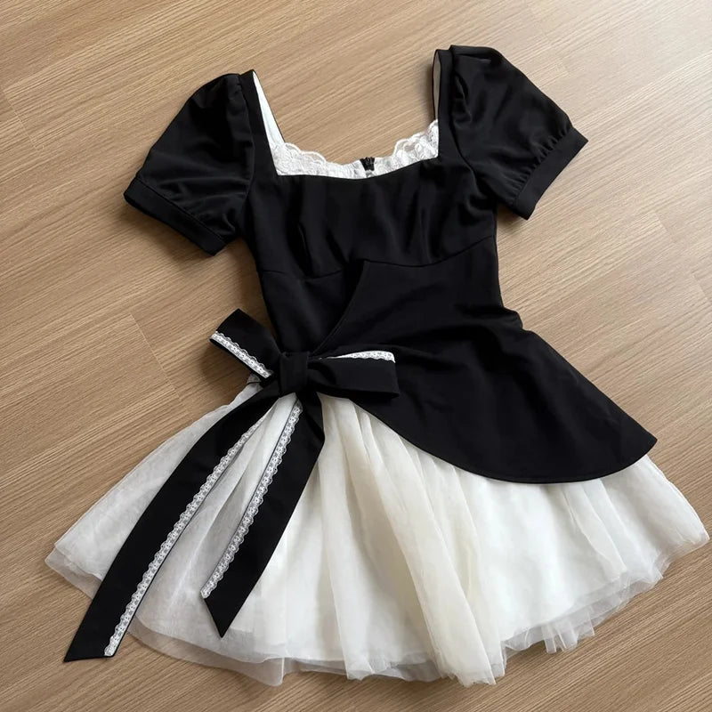 Cyflymder  Mesh Patchwork Sweet Dress Women Retro Cute Bow Slim Short Sleeve Mini Dress Casual Square Collar French Elegant Vestidos