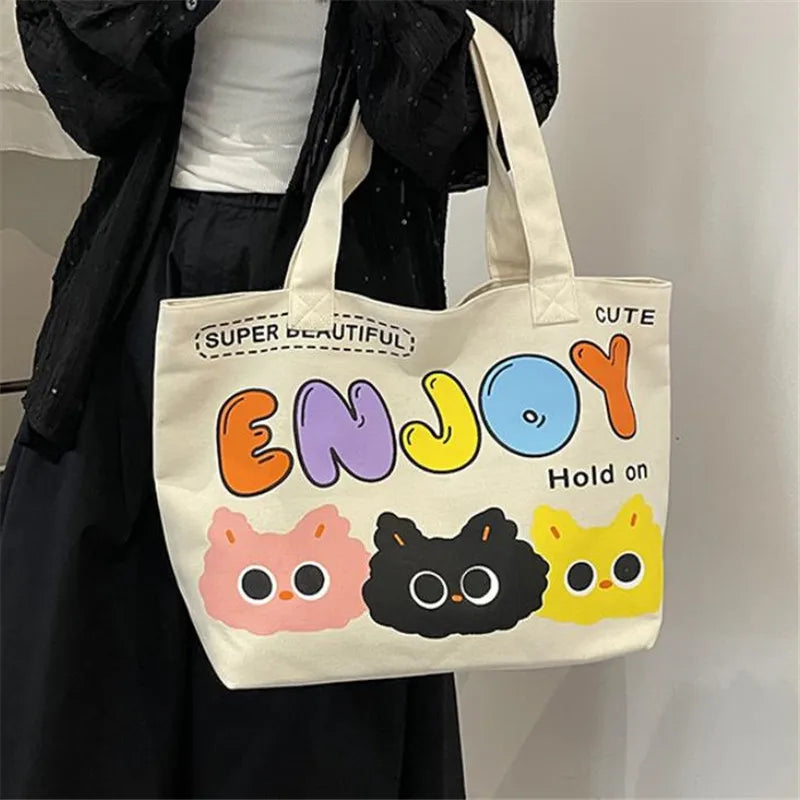 Cyflymder  Letter Printed Tote Bag, Cute Cartoon Canvas Handbag Shoulder Bag, Large Capacity Shopping Bag, Campus Computer School Book Bag