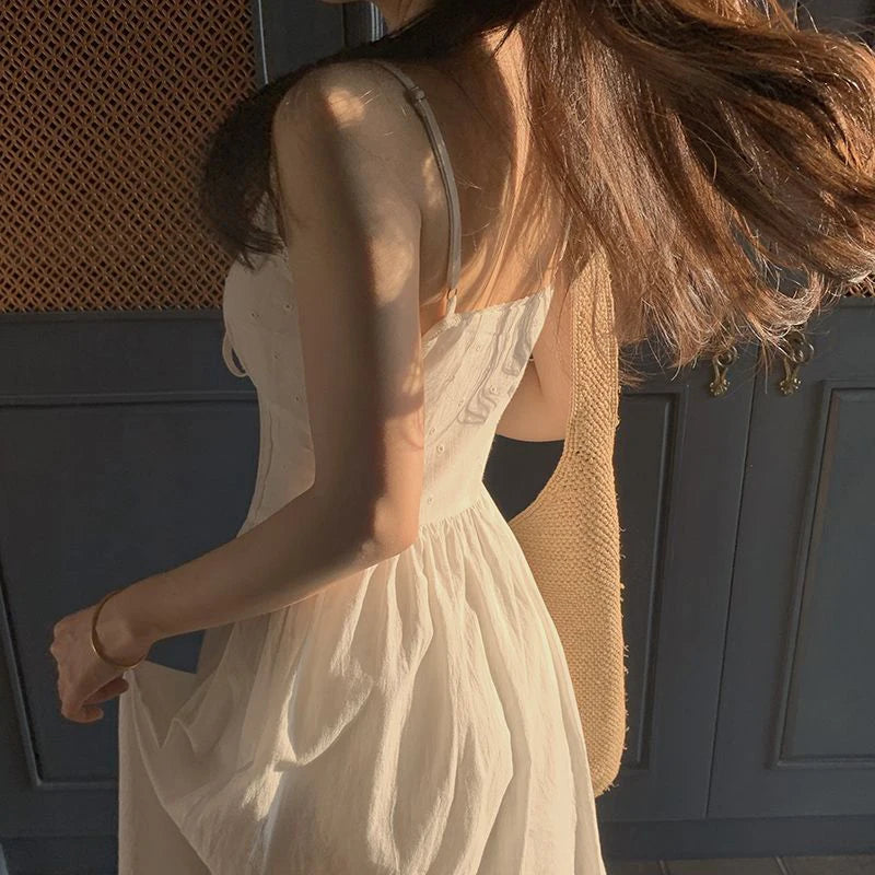 Cyflymder  Fairy White Midi Dress Women Fashion Vacation Beach Spaghetti Strap Dresses Summer Korean V Neck Lace Up Bodycon A Line Vestidos