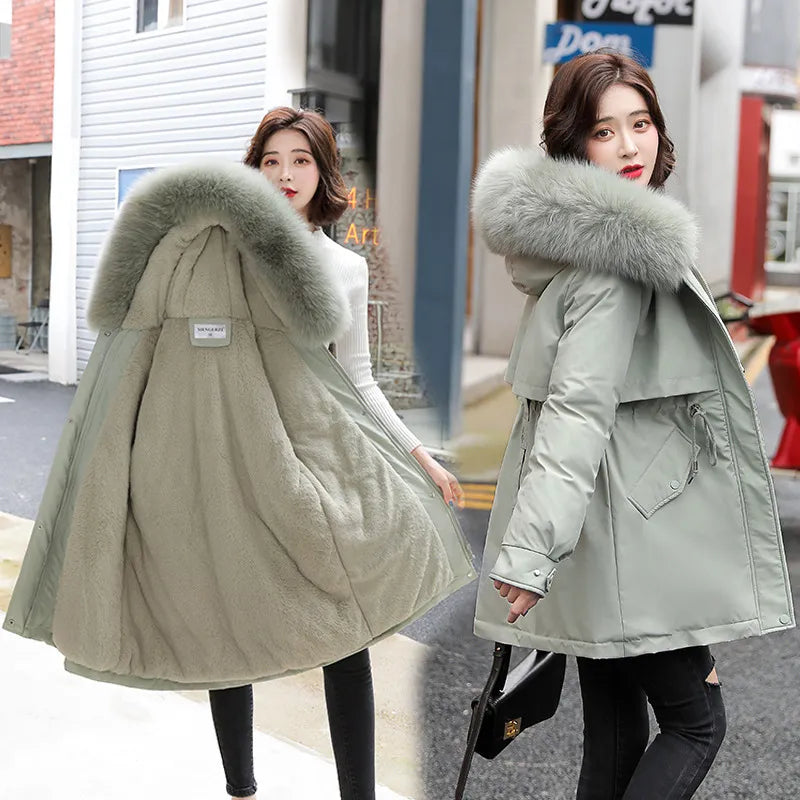 Cyflymder Women Parka Fashion Long Coat Wool Liner Hooded Parkas New Winter Jacket Slim with Fur Collar Warm Snow Wear Padded Clothes