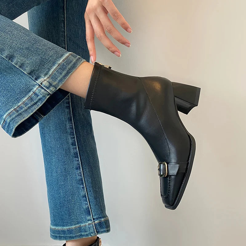 Cyflymder  Vintage Thick Heel Woman Ankle Boot Fashion Belt Buckle Ladies Elastic Slim Short Booties Autumn Winter Women's Shoes