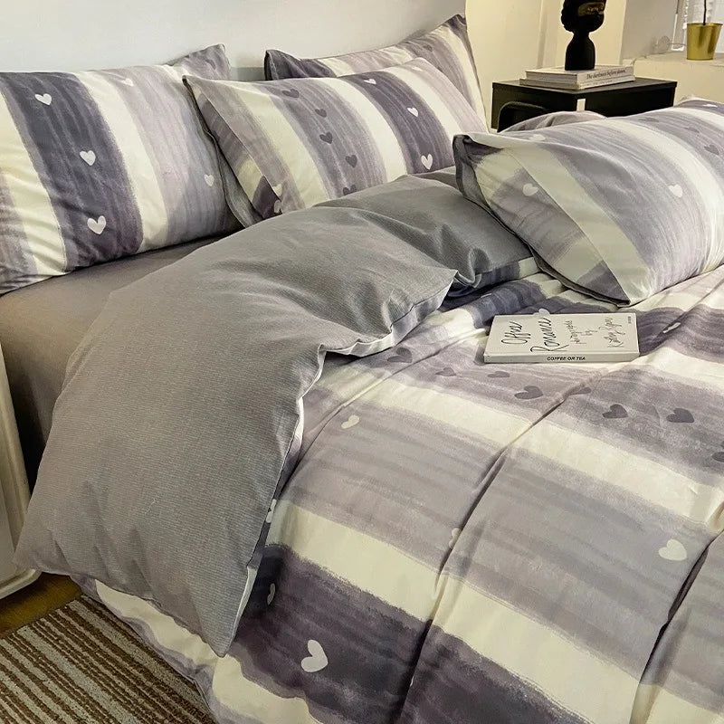 Cyflymder  Simple Nordic Pure Cotton Striped Bedding Set Naked Sleeping Comfortable Duvet Cover Set Fitted Sheet Kit for Single and Double