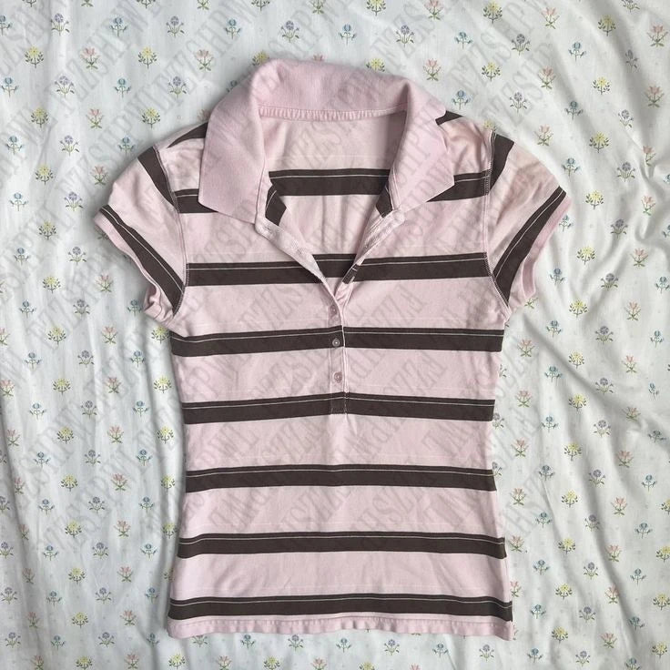 Cyflymder  Stripes Maiden Chic Vintage Sweet Clothing Y2K Elegant Woman T-shirts Cute Slim Aesthetic Polo Tops Classic Harajuku Fashion Tee
