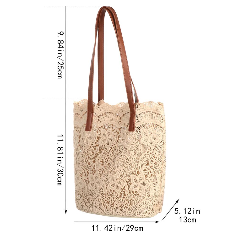 Cyflymder Summer Bucket Shoulder Bag For Women Summer Lace Crochet Flower Elegant Vacation Beach Bag Large Capacity Shopping Bag Purse