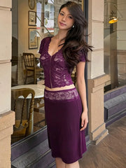 Cyflymder  Sheer Lace Patchwork Women Mid Skirt Set V Neck Short Sleeve Top Slim Sexy Single Breasted 2 Piece Clubwear Summer Outfit