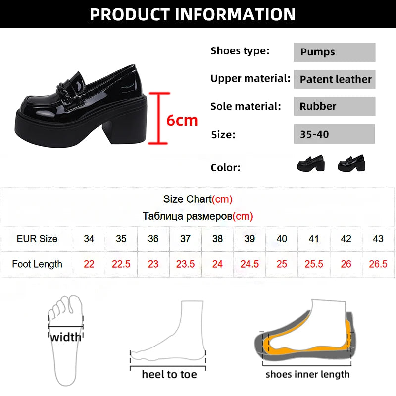 Cyflymder Women's Black Chunky Heeled Loafers Patent Leather Platform Pumps Women Slip On Thick High Heel Jk Uniform Shoes Mary Janes