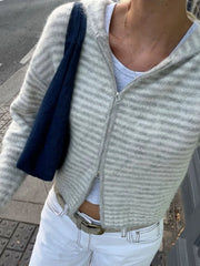 Cyflymder  Women Cropped Zip‑Up Hooded Cardigan Soft Fuzzy Striped Knit Long Sleeve Loose Fall Casual Streetwear Short Knit Jacket