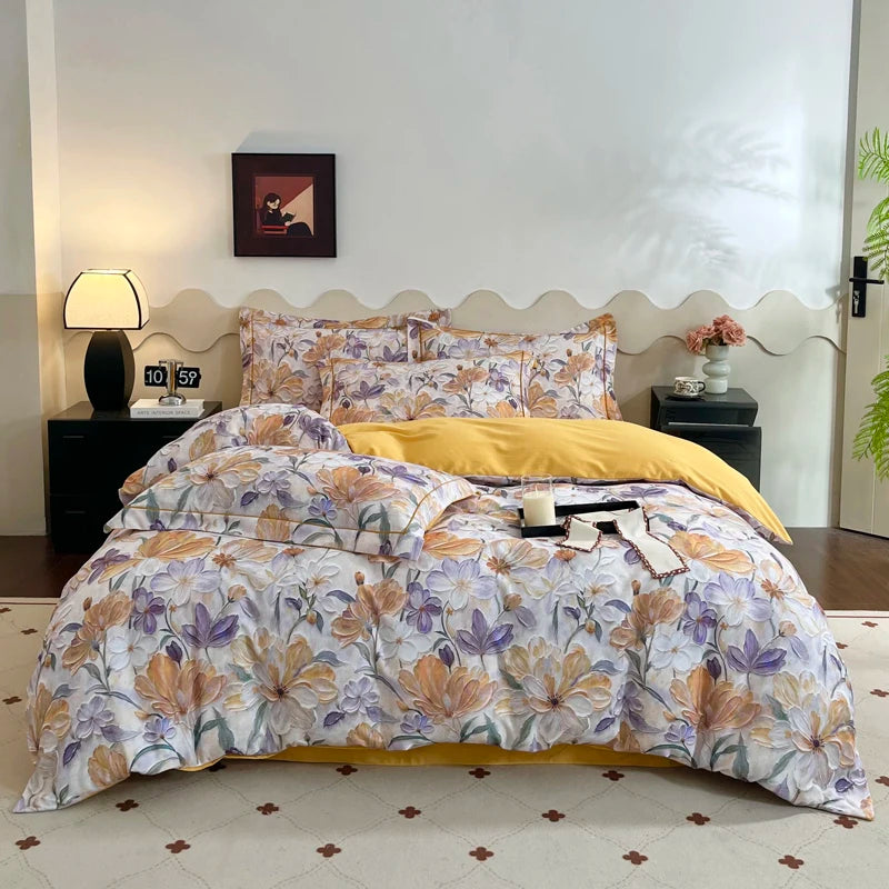 Cyflymder  100% Cotton Flowers Print Luxury Bedding Set Single Double Queen King Size Duvet Cover Flat/Fitted Bed Sheet Pillowcases 3/4Pcs