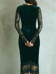 Cyflymder  Elegant Velvet Lace Trim Evening Cocktail Dress For Women Vintage Sexy Sheer Long Sleeve V-Neck Mesh Party Bodycon Mini Dresses