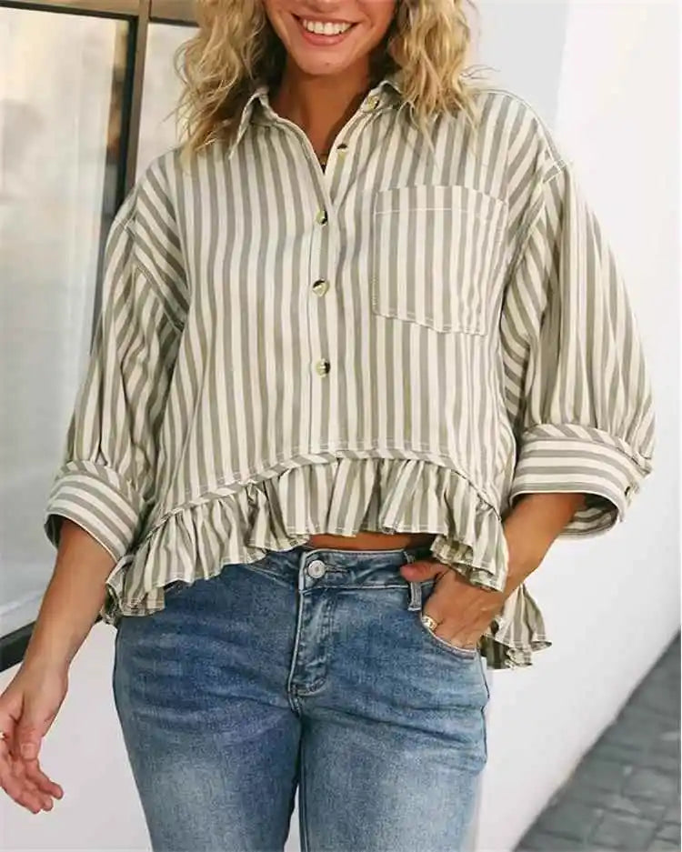 Cyflymder  Casual Stripe irt Women's Summer Top Button down ort Sve Gathered Hem Bubble Sve Polyester Fiber Commute Sleeve