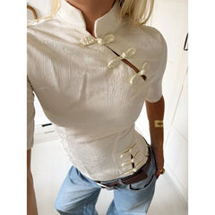 Cyflymder  Womens Chinese Style Qipao Stand Collar Blouse Vintage Floral Print Short Sleeve Slim Shirts Y2k Hollow Out Tops