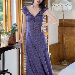 Cyflymder   Stylish French Style Long Dress Female Clothing Vintage Purple Plaid Summer New V-Neck Drawstring Elegant Flying Sleeve Dresses