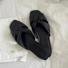 Cyflymder   Women's Flat Slide Sandals New Slippers Square Toe Soft Leather Slippers Shoes Women Summer Casual Outdoor Lady Slippers