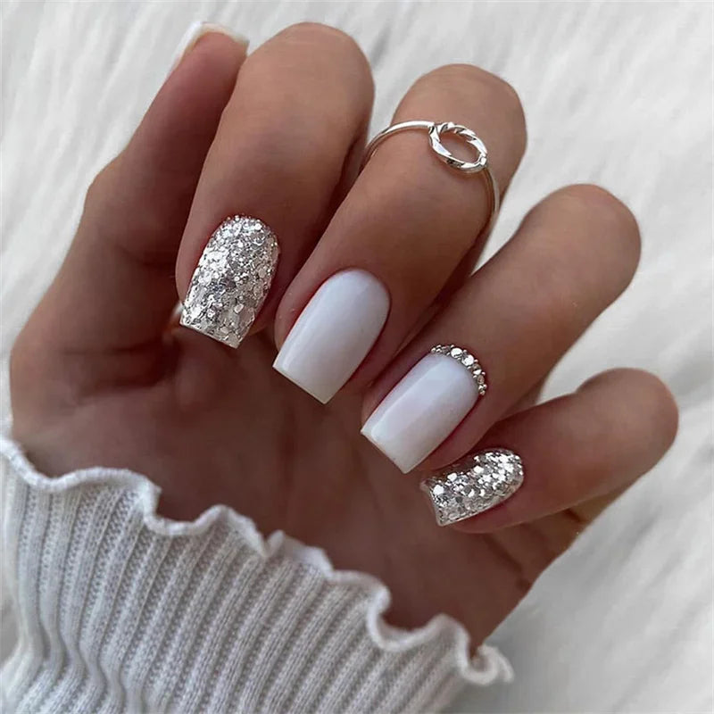 Cyflymder  24pcs Simple French False Nails With Gel White Square Head Fake Nails With Designs Short Press On Nails Natural Artificial Nail