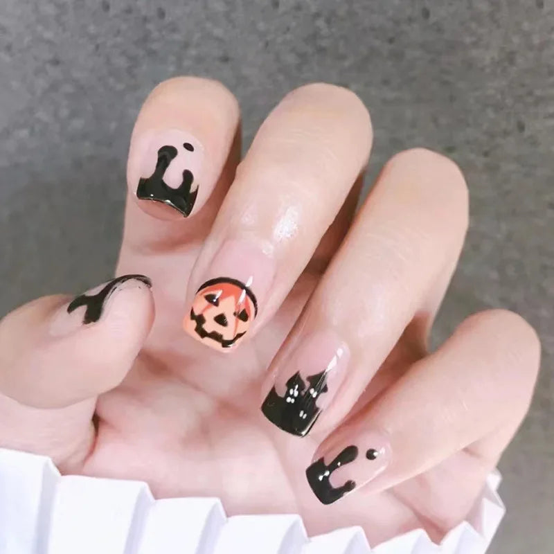Cyflymder  24Pcs Fake Nails Supplies For Professionals False ABS Press On With Design Long French Tips Black Reusable Nails Coffin