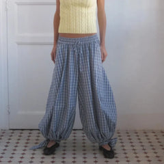 Cyflymder  Womens Vintage Y2k Plaid Long Bloomers Mid Rise Loose Fit Bow Tie Hem Drawstring Pants Fashion Streetwear