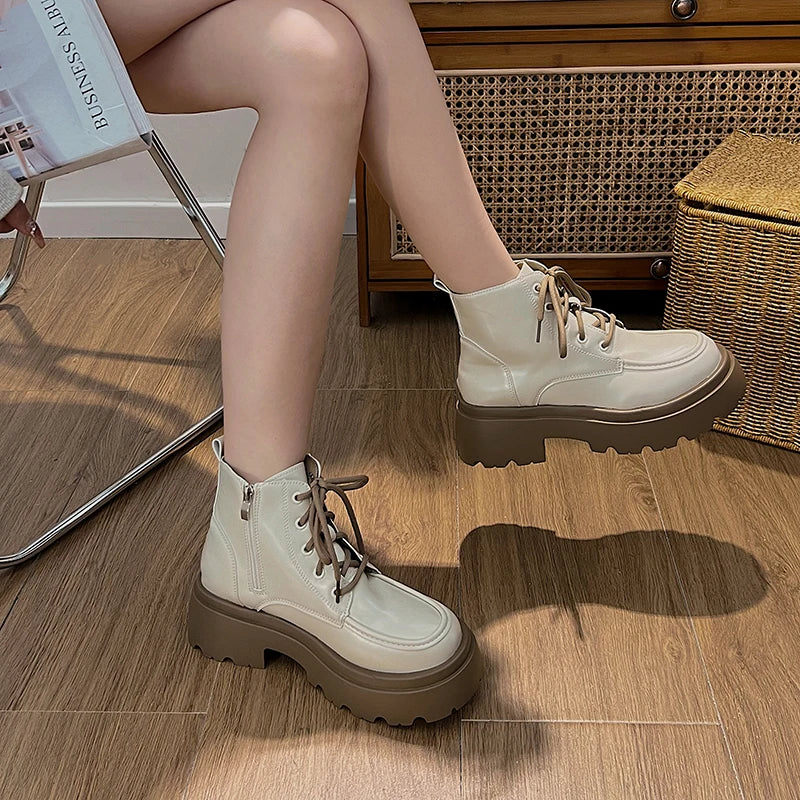 Cyflymder  Platform Thick Bottom Warm Short Plush Women Motorcycle Boots Fashion Lace Up Shoes Autumn Winter Female Short Booties