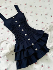 Cyflymder   Navy Blue Sweet Ruffle Mini Dress Women New Vintage Sleeveless Slim Fit A-Line Summer Dresses Pure Desire Y2k Party Outfits