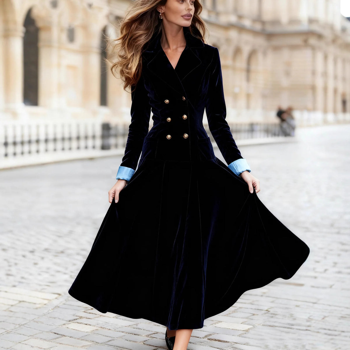 Cyflymder  Elegant Double Breasted Velvet Dress for Women's Long Sleeve Notched Collar Solid Casual Patchwork Autumn with Pockets Dresses