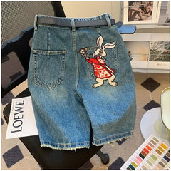 Cyflymder  Retro Fun Rabbit Print Denim orts Casual High Waist Loose Straight Leg Five Crop for Men And Women Faionable Summer Trousers