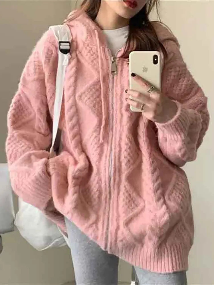 Cyflymder Korean Fashion Knit Cardigan Women Autumn Winter Casual Loose Zipper Hooded Thick Sweater Coat Long Sleeve Pink Top