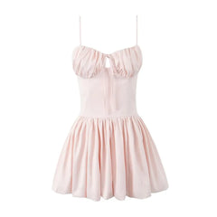 Cyflymder  Women Sexy Pink Bow Ruched Chest Corset Style Satin Sling Dress Low Back Slim Waist Spliced Pleated Swing A line Mini Party Robe