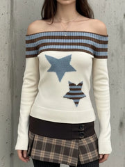 Cyflymder  Harajuku Slash Neck Stripe Sweaters Grunge Vintage Women Star Jacquard Pullovers Y2k Aesthetic Sexy Knitted Bodycon Jumper