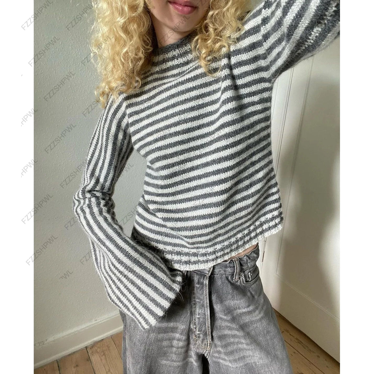 Cyflymder  Women Striped Cropped Sweater O‑Neck Flare Long Sleeve Knit Top Y2K Vintage Casual Pullover