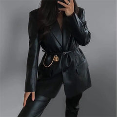 Cyflymder  Faionable Casual Women's Loose Long Pu Leather Jaet Autumn Winter New Sle Leisure Suit Collar Top Outerwear Coat