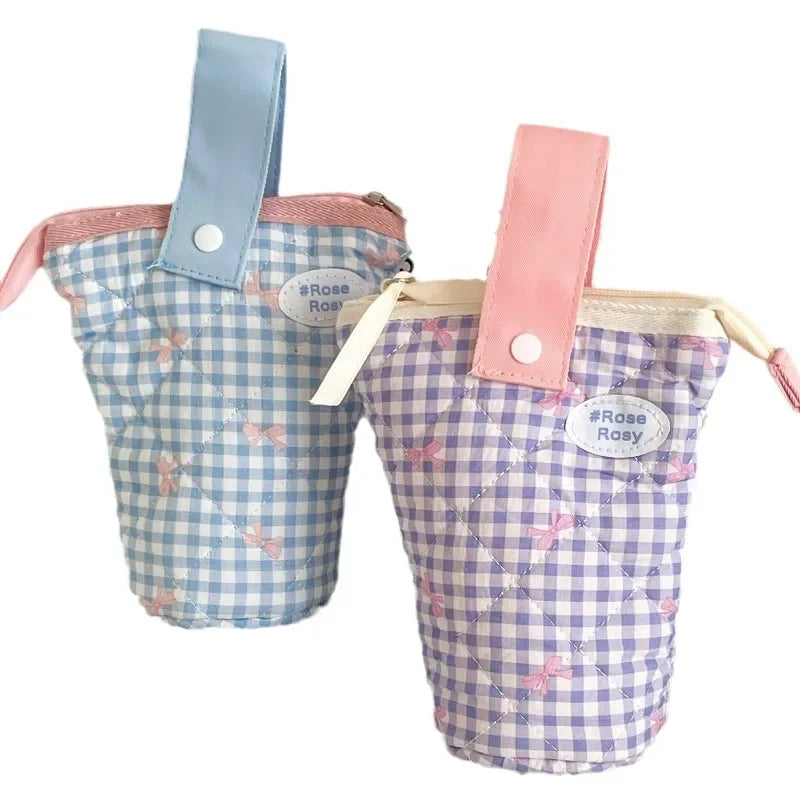 Cyflymder  1 Piece Sweet Chic Pen Holder for Kids Girl Cute Princess Bow Plaid Pencil Pouch School Portable Large Capacity Stationery Bag