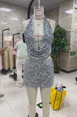 Cyflymder  Women Sequin 2 Piece Outfit Sparkly Sexy Bodycon Sleeveless Halter Crop Top Split Mini Skirt Set Going Out Club Suit