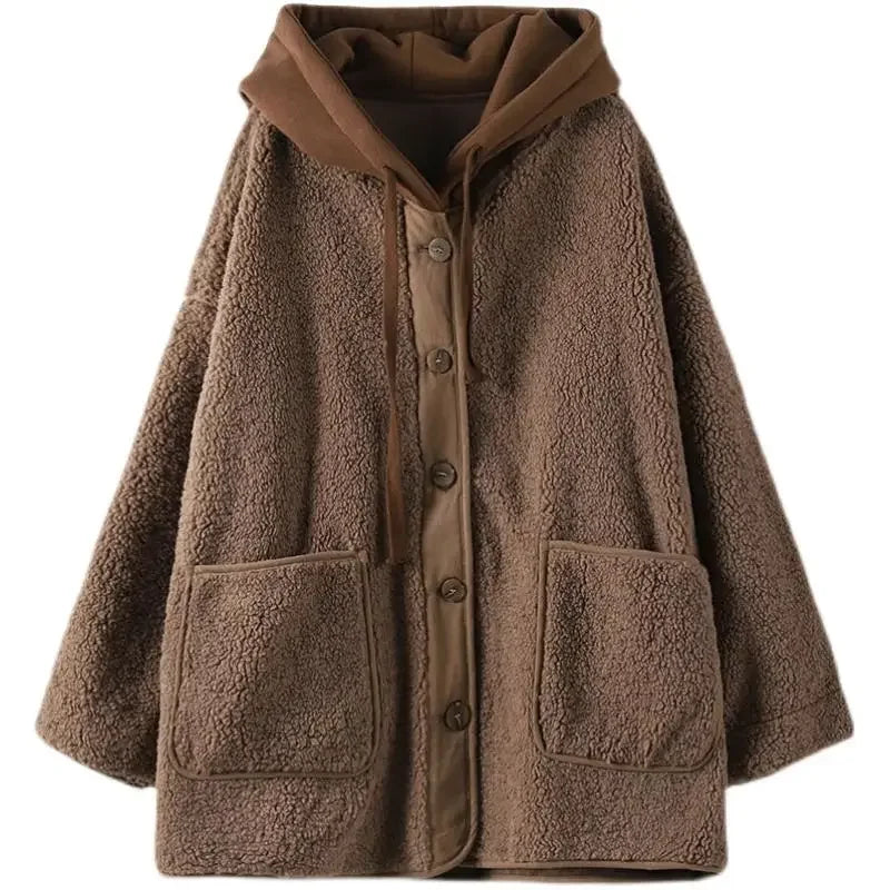 Cyflymder Lamb Wool Fleece Hooded Cotton-padded Jacket Coat Autumn Winter Women Clothes Patchwork Oversize Warm Fake Two Pieces Sweatshirt