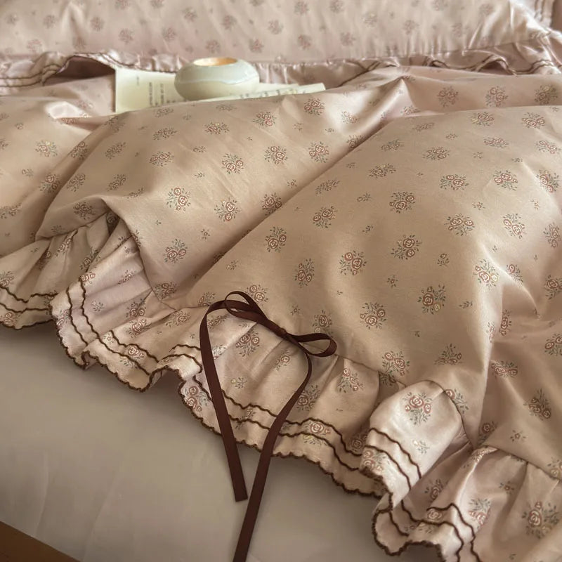 Cyflymder  100% Cotton Pastoral Floral Print Ruffles Bow Princess Bedding Set Queen King Duvet Cover Set Bed Sheet/Fitted Sheet Pillowcases