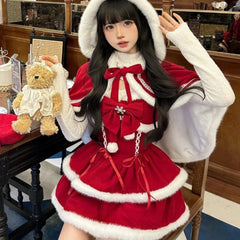 Cyflymder Japanese Kawaii Lolita Dress Sets Women Hooded Shawl Short Jackets Bow Mini Skirt Korean Style Sweet Red Christmas New Year Suit