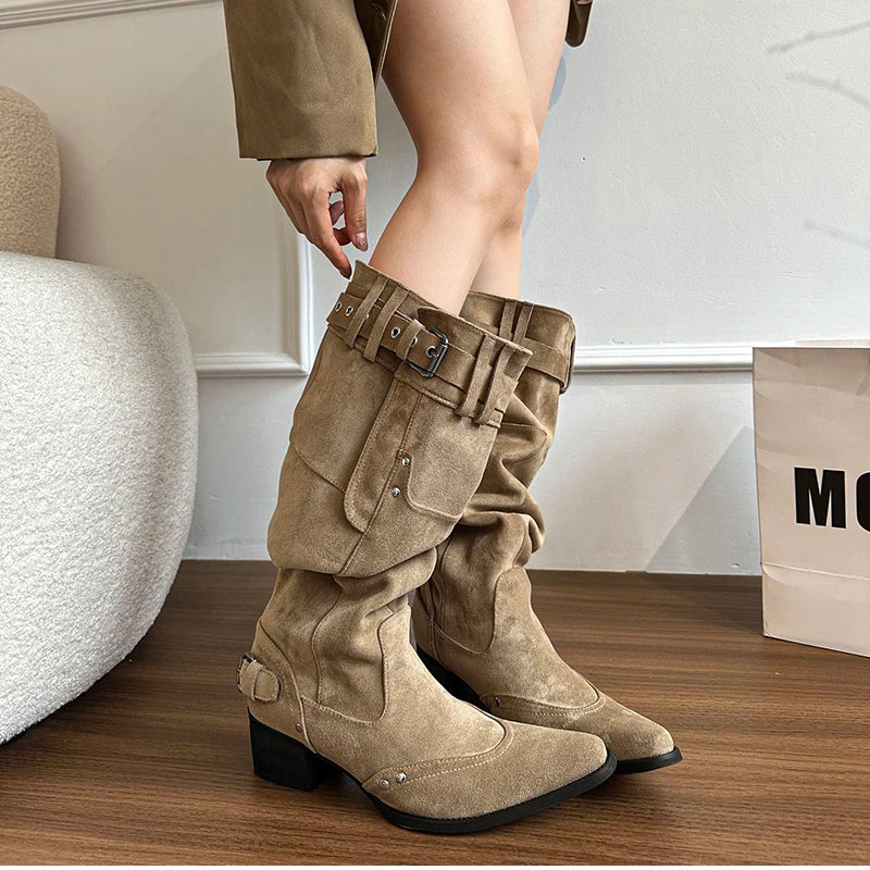 Cyflymder  Autumn Winter Pleated Women Western Cowboy Boots Vintage Square Low Heels Shoes Female Belt Buckle Long Booties